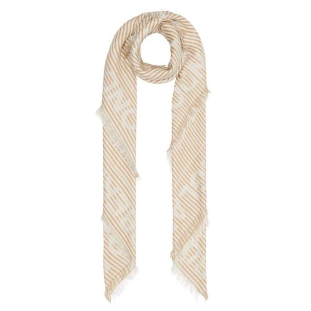 BURBERRY Striped Logo Silk Wool Jacquard Square Scarf In Beige